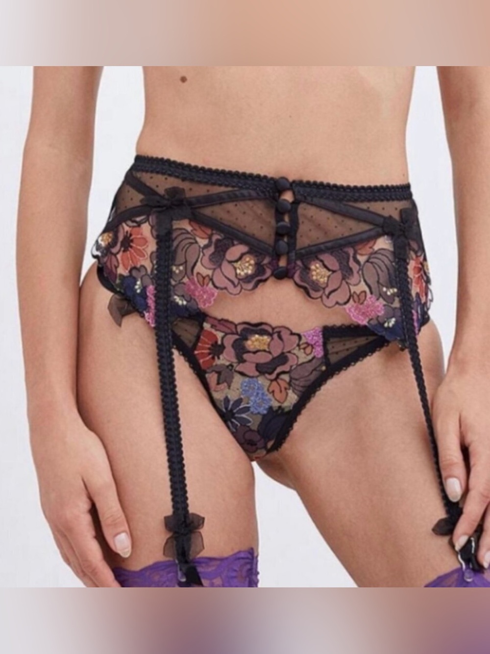 For Love & Lemons Luella Black Floral Garter Belt Size XS New